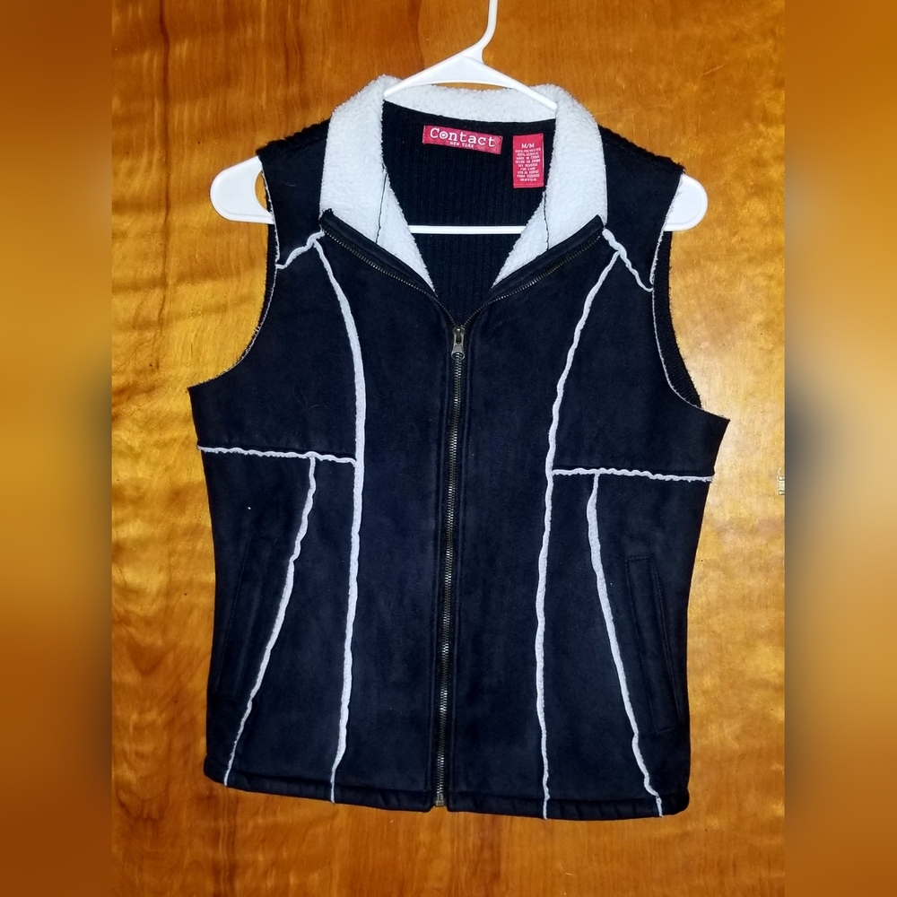 Women's Contact New York Sleeveless Black & White Suede W/ Full-Zipper Vest Med